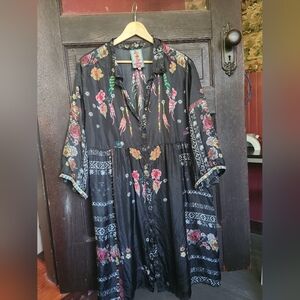 Johnny Was Agalia Embroidered Silk Dress Black Floral Button-Up Blouse XL